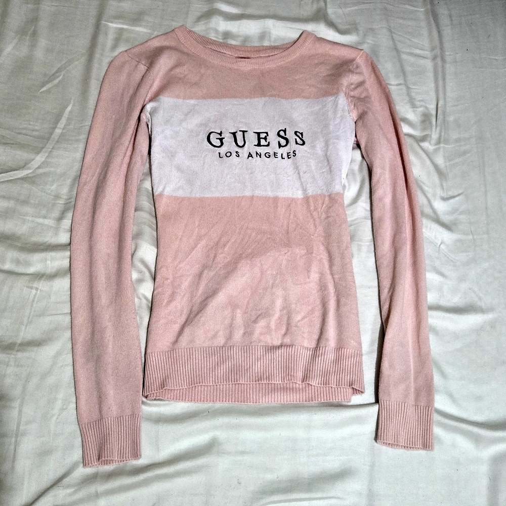 Guess Women's Long Sleeve Pink and White Top